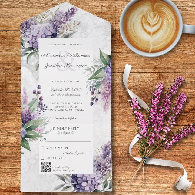 Invitation Tout En Un Lilacs sur blanc marbré avec code QR (Créateur téléchargé)