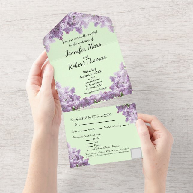 Invitation Tout En Un Lilas et Sauge Clair (Déchirure)