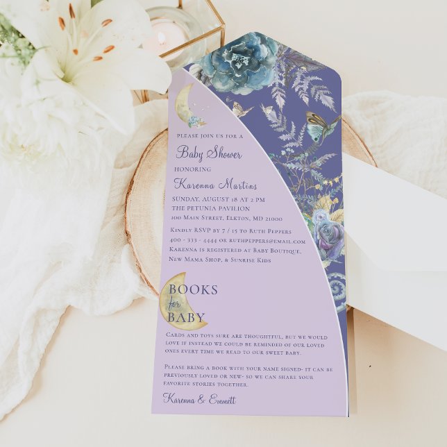 Invitation Tout En Un Livres Whimsical Moon Pour Baby shower Purple Bébé (Créateur téléchargé)