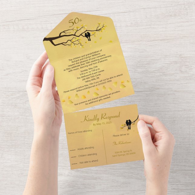 Invitation Tout En Un Lovebirds 50e Anniversaire Mariage d'or (Déchirure)