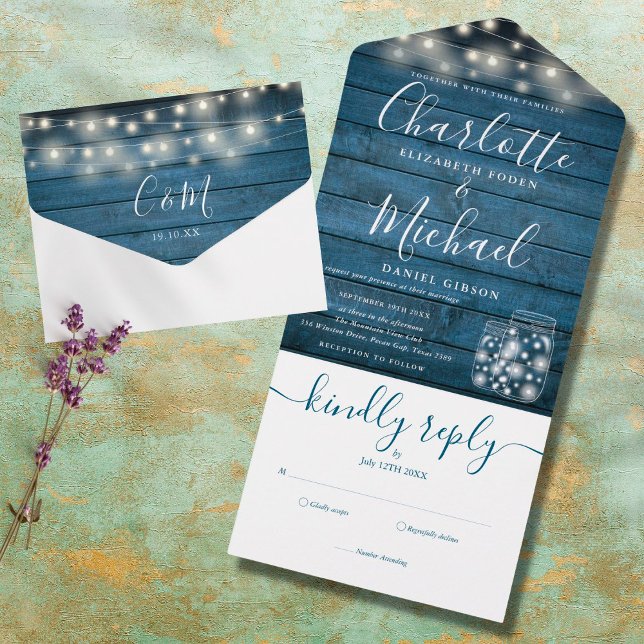 Invitation Tout En Un Lumières à cordes en bois rustique bleu Mariage Bo (Créateur téléchargé)