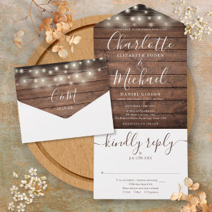 Invitation Tout En Un Lumières à cordes en bois rustique Monogramme Mari