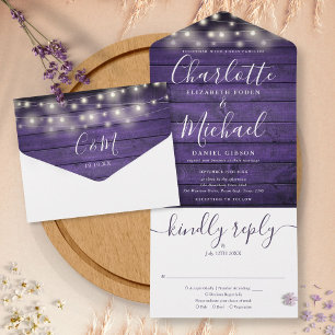 Invitation Tout En Un Lumières à cordes en bois violet rustique Monogram