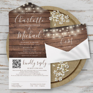 Invitation Tout En Un Lumières de Chaîne en Bois Rustique Code QR Mariag