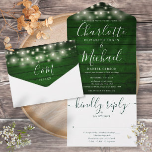 Invitation Tout En Un Lumières de Chaîne en Bois Rustique Vert Monogramm