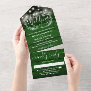 Invitation Tout En Un Lumières de chaîne florales en bois vert rustique 