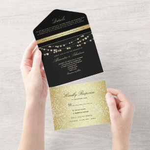 Invitation Tout En Un Lumières de chaîne noires et dorées Mariage