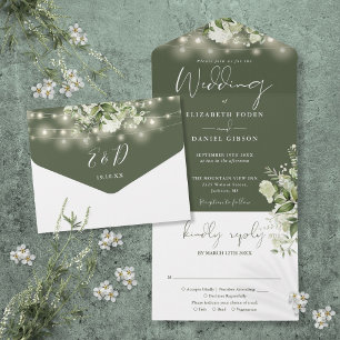 Invitation Tout En Un Lumières de corde vert olive verdure florale maria