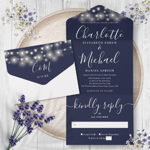 Invitation Tout En Un Lumières Guirlandes Bleu Marine Mariage Moderne