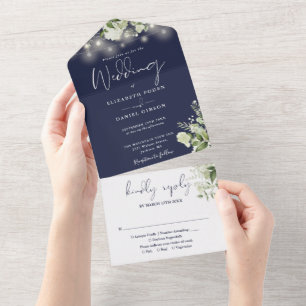 Invitation Tout En Un Lumières guirlandes bleu marine Monogramme mariage