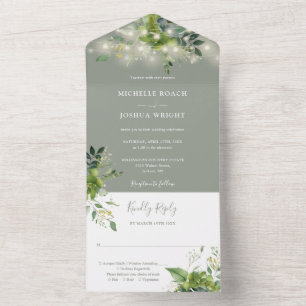 Invitation Tout En Un Lumières Guirlandes de Verdure Vert Sauge Mariage