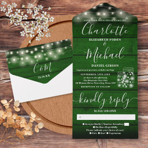 Invitation Tout En Un Lumières Guirlandes Pots Mason Vert Bois Mariage