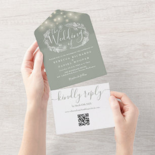 Invitation Tout En Un Lumières Guirlandes Vert Sauge Code QR Mariage