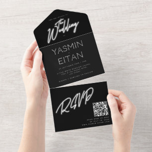 Invitation Tout En Un Lumières Neon Noir & Blanc Glam Mariage