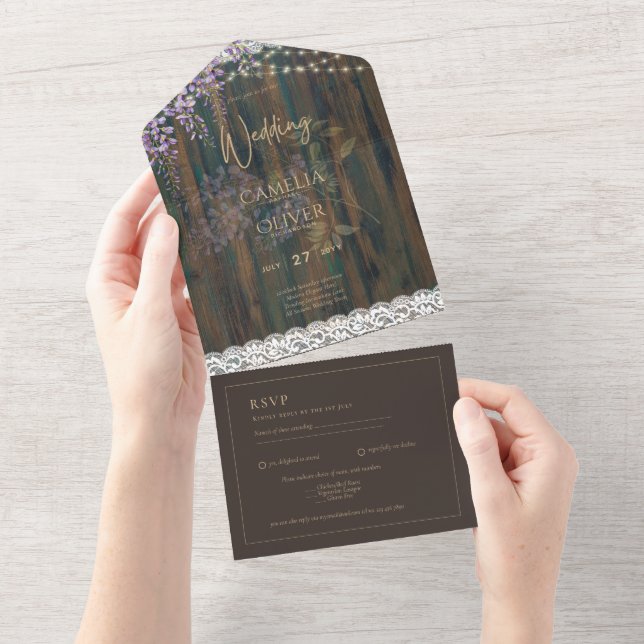 Invitation Tout En Un Luminaires en dentelle de bois rustique Wisteria M (Déchirure)