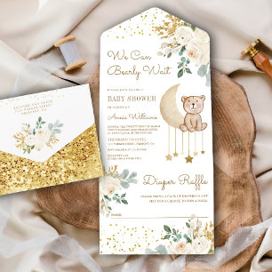Invitation Tout En Un Lune Florale en Ivoire Ours en Peluche Mignon Baby