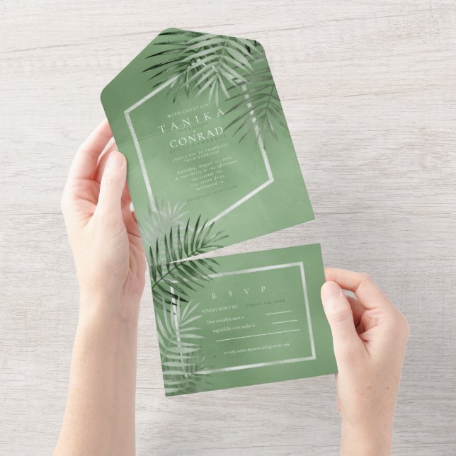 Invitation Tout En Un Lush Palm Leaf Mariage Moss Green ID956 (Déchirure)