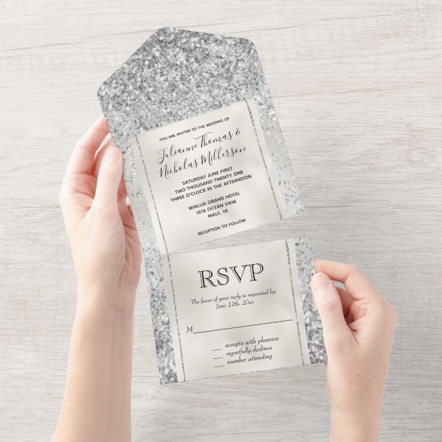 Invitation Tout En Un Luxe Argent Pailleté Blanc Perle     (Déchirure)