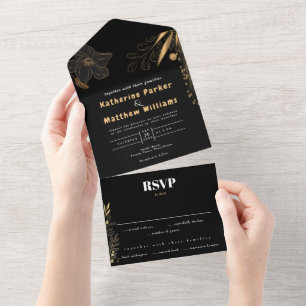 Invitation Tout En Un Luxe Black & Gold Floral minimaliste Élégant