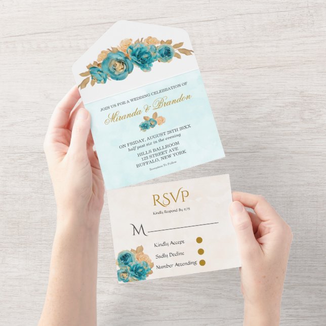 Invitation Tout En Un Luxe Turquoise et crémeux Rose Mariage or (Déchirure)