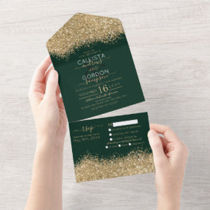 Invitation Tout En Un Luxueux Gold Forest Green Parties scintillant Conf