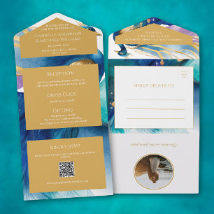 Invitation Tout En Un Luxueux Peacock bleu code QR Mariage photo Tous