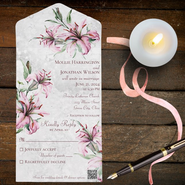 Invitation Tout En Un Lys roses sur blanc détendu avec code QR (Créateur téléchargé)