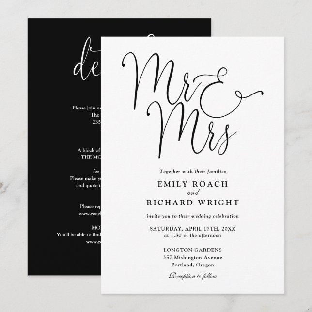Invitation Tout En Un M. Et Mme Chic Mariage Noir Et Blanc (Devant / Derrière)