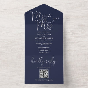 Invitation Tout En Un M. et Mme Code QR Mariage Moderne Bleu Nuit