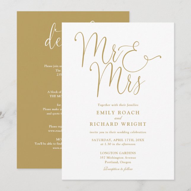 Invitation Tout En Un, M. Et Mme Elegant Mariage Or (Devant / Derrière)