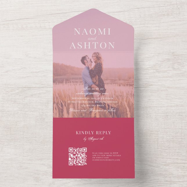 Invitation Tout En Un Magenta | Mariage de superposition brossé (À l'intérieur)