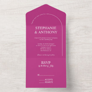 Invitation Tout En Un Magenta minimaliste moderne avec Mariage d'arc