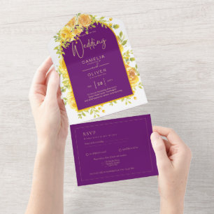 Invitation Tout En Un Magenta Yellow Roses Plum Purple Gold Mariage