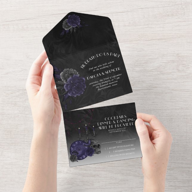 Invitation Tout En Un Magie du zodiaque | Roses de crâne gothique indigo (Déchirure)