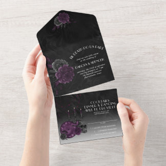 Invitation Tout En Un Magie du zodiaque | Roses de crâne gothique violet
