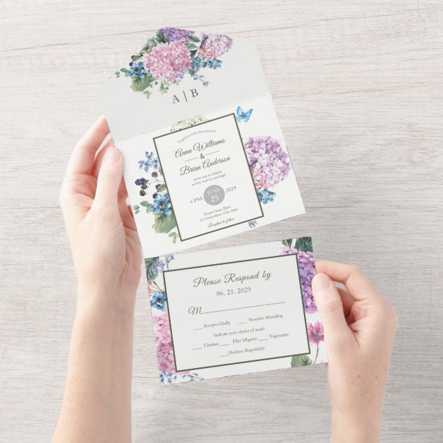 Invitation Tout En Un Magnifique Mariage floral Hydrangea peint à la mai (Déchirure)