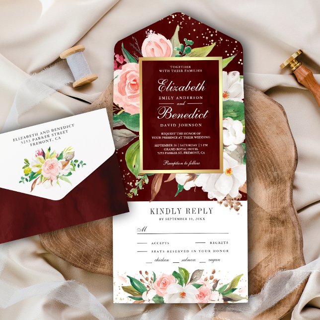 Invitation Tout En Un Magnolia blanc rose pâle Floral Bourgogne Mariage (Créateur téléchargé)