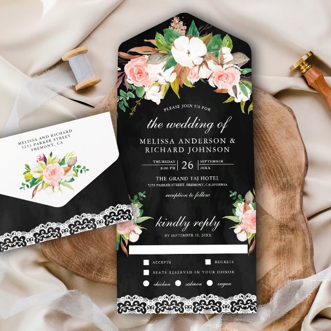 Invitation Tout En Un Magnolia Coton Blush Rose Floral Mariage noir (Créateur téléchargé)