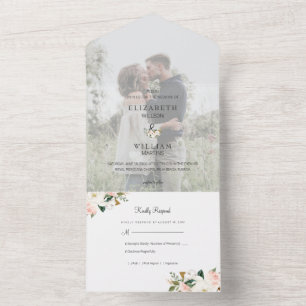 Invitation Tout En Un Magnolia rose blanche et noire Photo Mariage Flora