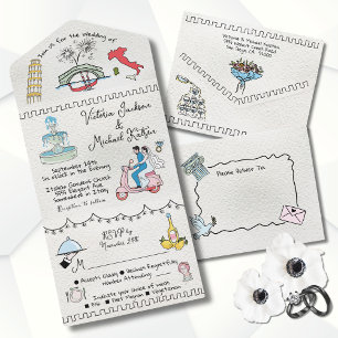 Invitation Tout En Un Main colorée dessinée funky Italie doodé mariage