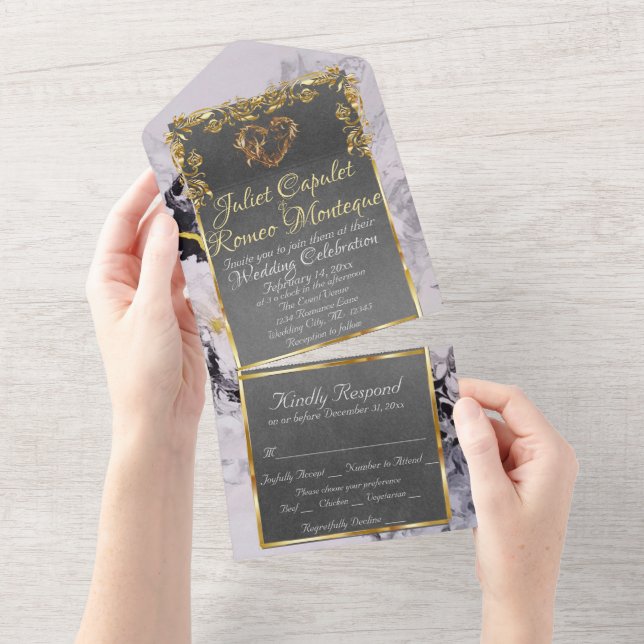 Invitation Tout En Un Marble & Grey, Gold Frame, Gold Heart (Déchirure)