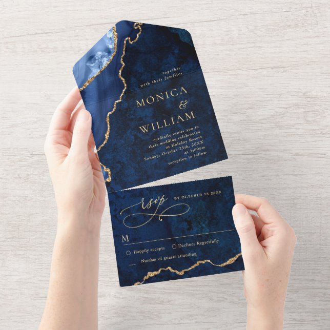 Invitation Tout En Un Marbre bleu marine moderne Mariage d'âge (Déchirure)