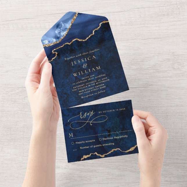 Invitation Tout En Un Marbre bleu marine moderne Mariage d'âge (Déchirure)