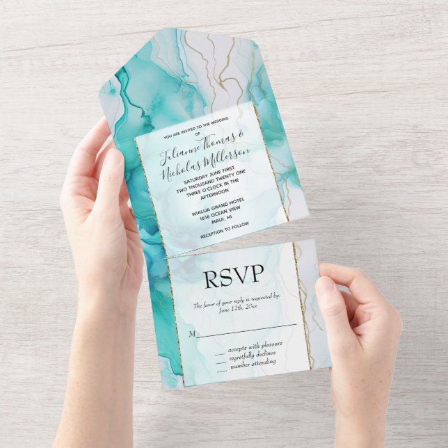 Invitation Tout En Un Marbre d'encre or Mint Aqua (Déchirure)