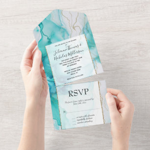Invitation Tout En Un Marbre d'encre or Mint Aqua
