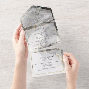 Invitation Tout En Un Marbre mariage Noir Or Encre d'alcool Tout en un I