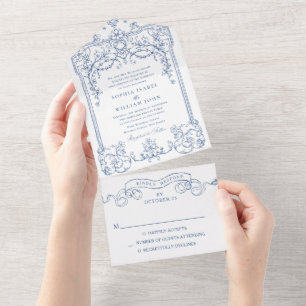 Invitation Tout En Un Mariage à charpente florale Bleu Victorien Orné Gr
