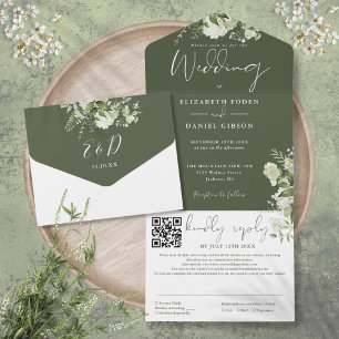 Invitation Tout En Un Mariage à code QR de monogramme floral vert olive