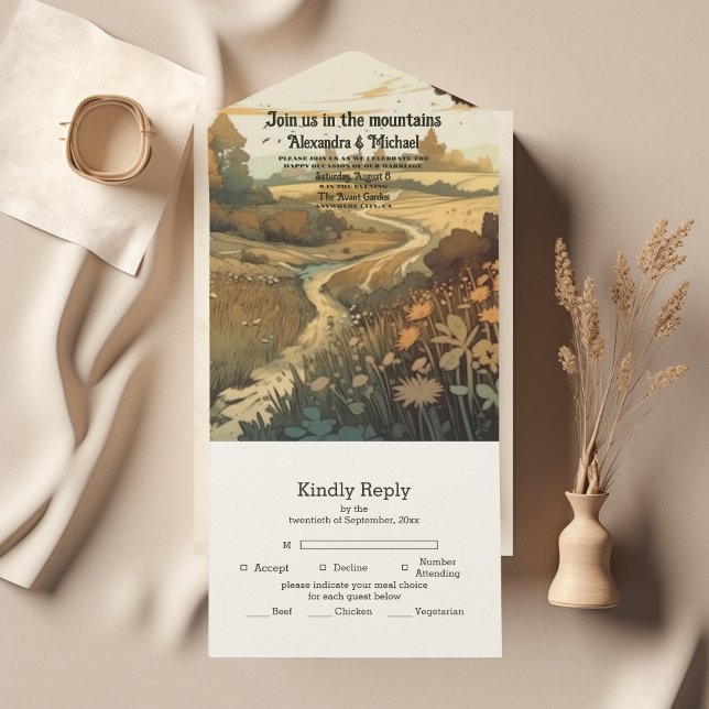 Invitation Tout En Un Mariage À feuillage persistant Rustic Mountain For (Créateur téléchargé)