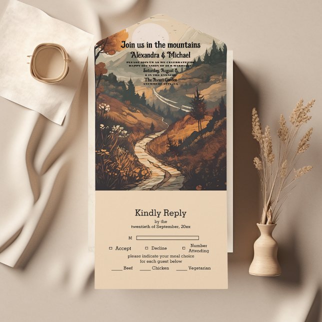 Invitation Tout En Un Mariage À feuillage persistant Rustic Mountain For (Créateur téléchargé)